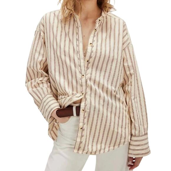 Free People We The Free Womens Tan & Cream Stripe Button Up Oversized Top Size S - Picture 1 of 8